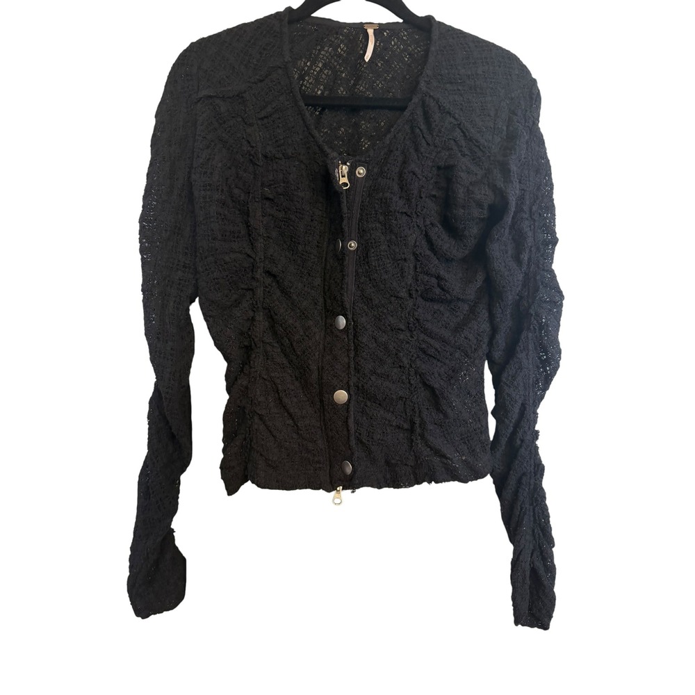 Free People Black Lace Ruched Cardigan Zip Snap Front Long Sleeve Top Small